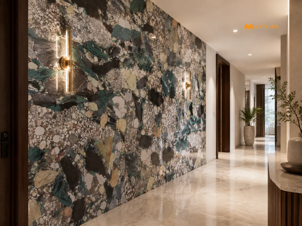 Four Seasons Blue Glossy Polished Tile in Hallway